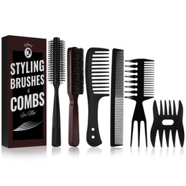 Mens Hair Brush and Beard Brush Set,Boar Bristle Beard Brush,Wide Tooth Comb,Round Hair Brush,Texture Comb for Hair Detangle,Blow Dry,Cutting,Parting and Styling,Gifts for Men