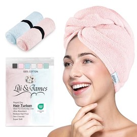 Toalla de algodón para el cabello para mujeres/niños, de secado rápido, suave y absorbente de 420 g/m² con doble botón, antiencrespamiento, turbantes 