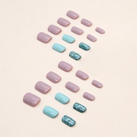 Short Press on Nails Square Fake Nails Lake Blue Solid Color Acrylic Nails Press on Glossy Short Glue on Nails with Glitter Designs Short False Nails with Glue Summer Artificial Nails for Women Girls