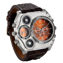 JewelryWe Men's Watch Two Time Zone Compass Thermometer Calendar Analogue Quartz Wrist Watch Brown Leather Strap Sports Watch with Brown Dial