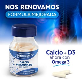 Naturagel Calcio con Vitamina D3 y Omega 3 – Suplemento Alimenticio en Cápsulas de 1.3 g – Presentación de 30 Unidades con Fórmula Completa y Balancea