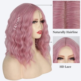 incohair Pink Wigs for Women Short Wavy Lace Hairline Wig Colored 14Inch Shoulder Length Middle Part Synthetic Pink Curly Short Wigs for Cosplay Party Use