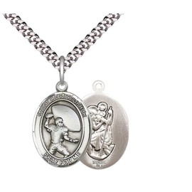 Medium Mens Oval Sterling Silver Saint Christpher Football Medal Pendant on 24" Rhodium Plated Heavy Curb Brass Chain w/ Lobster Claw Clasp,Catholic Religious Necklace -Made in USA-Gift Boxed