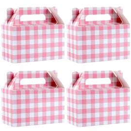 24 Pack Pink Plaid Paper Treat Boxes Gingham Party Decorations Pink Checkered Cardboard Present Boxes with Handles Pink White Gingham Party Favor Box for Birthday Party Family Dinner Picnic Barbecue