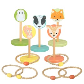 Woodland Animals Hoopla Game, 5 Numbered Poles with Animal Characters, Indoor Outdoor Family Game with 6 Rope Hoops