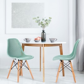 KOTEK Set of 2 Dining Chairs, DSW Molded Shell Plastic Side Chairs with Mesh Design, Solid Wood Legs, Mid-Century Modern Armless Side Chairs for Kitchen, Dining Room, Living Room (Green)