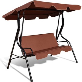 Hysache 3-Seater Canopy Swing Chair, Waterproof Outdoor Swing Cushioned Seat with Adjustable & Removable Canopy, Steel Frame Polyester Fabric Oxford Cloth Patio Hammock Cover Top (Coffee)