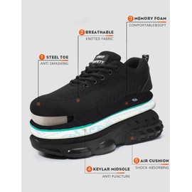 OWIF Steel Toe Work Shoes for Men Women Comfortable Lightweight Cushion Composite Toe Construction Safety Toe Shoes Black