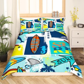 Surfing Sports Duvet Cover Twin Size,Colorful Surf Themed Graffiti Painting Comforter Cover Set for Kids Boys Girls,Surfboard Fish Stars Plaid Bedding Quilt Cover Set Bedroom Decor, 2 Pieces