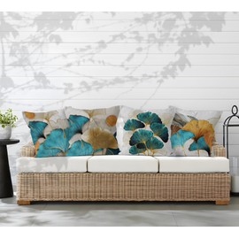 Aoihrraan 16 x 16 Inch Teal Leaf Cushion Covers Green And Gold Leaves Square Linen Decorative Throw Pillow Cover Modern Home Decor For Living Room Sofa Garden Couch Luxury Pillowcase, 41x41cm Set of 4