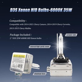 D3S Xenon HID Headlight Bulbs 6000K Cool White 35W Compatible with 2014-2021 Chevy Camaro 2014-2019 Chevy Corvette, D3S C1 Replacement Bi-Xenon Lights Headlamps Projector Lights, Pack of 2