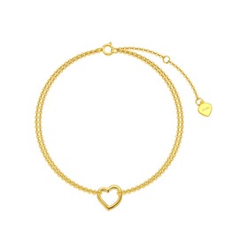 14K Solid Gold Heart Anklets for Women, Real Gold Double Chain Heart Foot Ankle Bracelet Jewelry Anniversary Birthday Gift for Wife, Mom,Girlfriend 8"-10" (Yellow Gold)