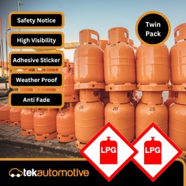 Tek Automotive Twin Pack LPG Gas Sticker – 10x10cm Large Gloss Vinyl – Permanent Weatherproof Safety Warning Label for LPG Cylinders – Ideal for Cars, Taxis, Vans, Lorries, Caravans, Motorhomes, Boats