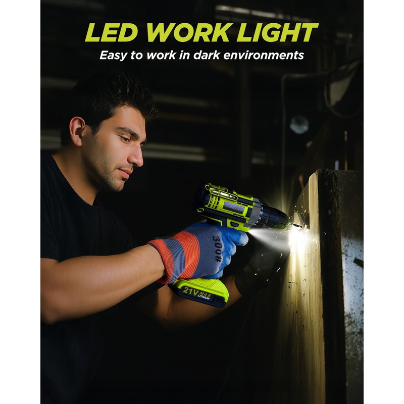 Cordless Drill, 21V Power Drill with Dual 2.0Ah Power Pack
