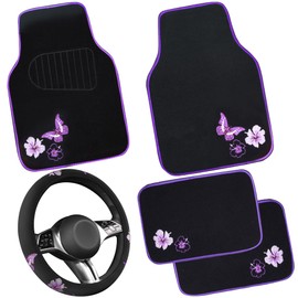 CAR PASS Butterfly Steering Wheel Cover and Waterproof Car Floor Mats,Purple Car Mats 14.5-15inch Steering Wheel Covers Universal Fit for Suvs,Sedans Cars,for Women Girl(Black and Purple)