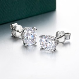Bo.Dream Oval Cut Cubic Zirconia CZ Stud Earrings for Women Faux Diamond 18K White Gold Plated Sterling Silver (Total 4.0ct, 7x9mm)