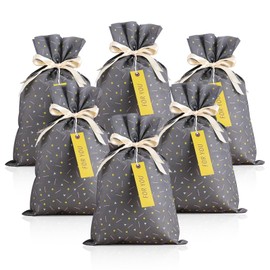 Yatinbos Fabric Gift Wrap Bags, Grey Reusable Cloth Gift Bags Sets of 6 with Drawstring and Tags for Christmas Holiday, Birthday, Wedding or Daily Gift, 12" x 18"(Yellow Drawstring)