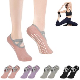 4 Pairs of Pilates Socks Non-Slip Yoga Socks Non-Slip with Nubs, Non-Slip Socks Women's Pilates Breathable Stopper Socks, Short Dance Socks with Grip for Ballet Fitness (Black, Grey, Pink, Purple)