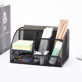 Moulaelos Desk Organiser, Pen Holder with Drawers, 7 Compartments, Multifunctional Desk Accessories, Pen Holder, Mesh Metal Office Organiser for Office, School (Black)