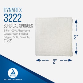 Dynarex Surgical Gauze Sponges- Absorbent Cotton Fabric with Folded Edges - Soft, Durable, Non-Sterile Dressing - 2x2", 8-Ply - 200 Sponges Per Sleeve, Case of 25 Sleeves