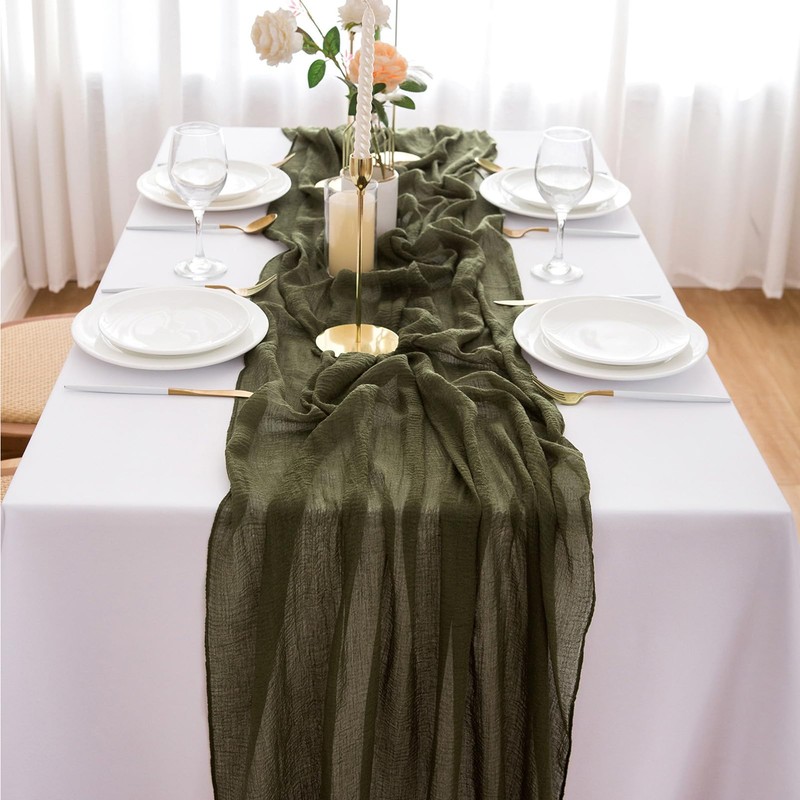 Aoksunova Muslin Wedding Table Runner, Olive Green, 4 m, Cheesecloth
