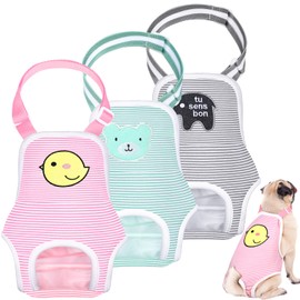 3 Pieces Dog Diaper Striped Sanitary Pantie with Adjustable Suspender Washable Reusable Puppy Sanitary Panties Cute Pet Underwear Diaper Jumpsuits for Female Dogs (Animal Pattern,L)