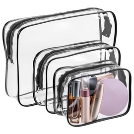 3 Pcs Clear Makeup Bag for Women with Zipper Toiletry Pouch Cosmetic Bag Bulk for Airport Airline Travel Essential Carry On Makeup (Black 3 Sizes)