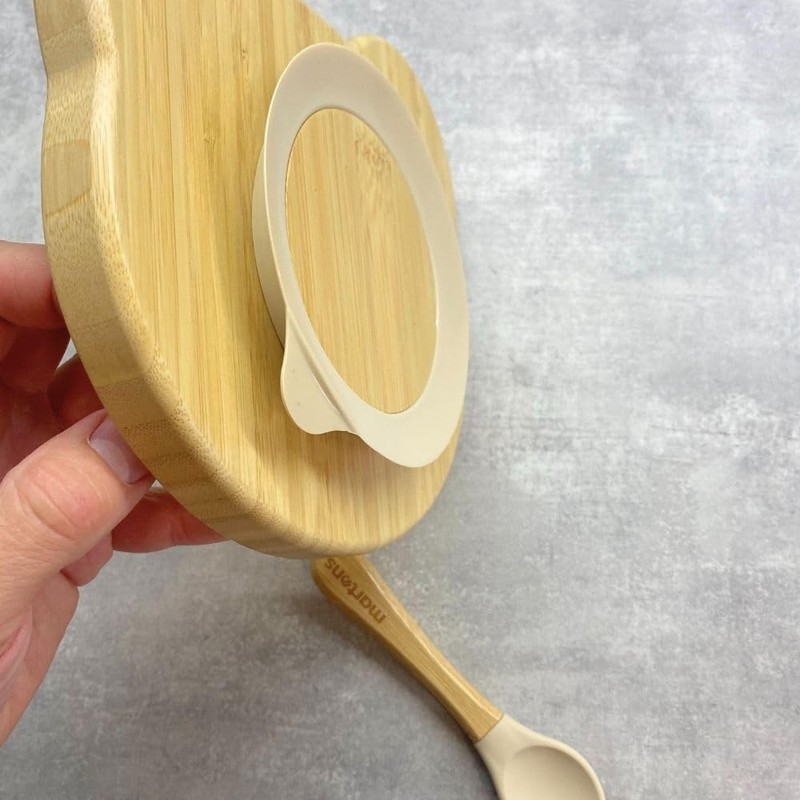 Martons Bamboo Bear Plate with Suction Cup, Non-Slip with Matching