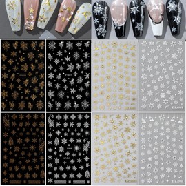 8 Sheets Shiny Crystal Snowflake Nail Stickers for Nail Art Silver Gold Snowflake Nail Decals 3D Self-Adhesive Winter Nail Design Christmas Sticker Xmas Nail Supplies for Women DIY Manicure Decoration