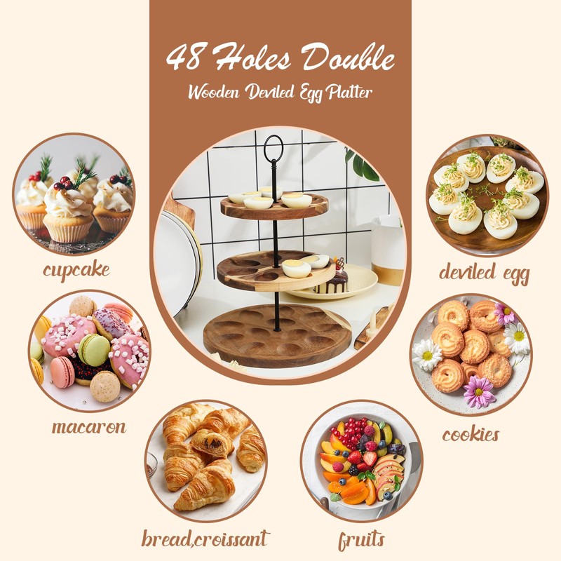 Memorywuu 2 Pcs Double Wooden Deviled Egg Platter 3 Tier