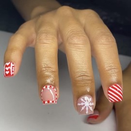 Christmas Press on Nails Short Square French Tip Winter Fake Nails Red White Full Cover Snowflake False Nails with Candy Designs Glossy Glue on Nails Xmas Acrylic Artificial Nails for Women Girls