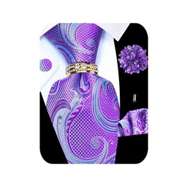 Kerfado 5PCS Purple Paisley Tie and Pocket Square Set for Men, Silk Necktie and Handkerchief Cufflinks with Drilled Gold Ring and Lapel Pin Set
