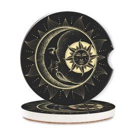 Car Coasters for Cup Holders,2 Pack Celestial Sun Moon Absorbent Ceramic Coaster Magic Astrology Car Cup Holder Non-Slip Auto Accessories Interior Decor for Your Car Keep Clean