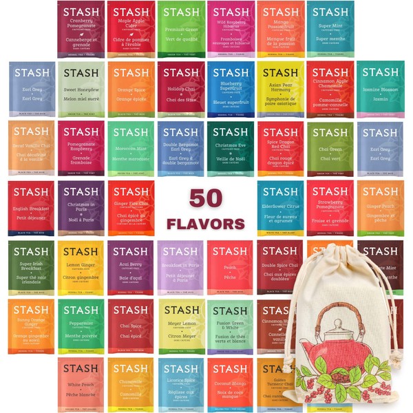 Stash Tea Sampler - Herbal and Caffeinated - Assorted Variety Pack Gift Set - 50 Teabags, 50 Different Flavors in Cotton Pouch