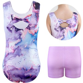 HOZIY Girls Gymnastics Leotards Outfits Sparkly Bow Back Unitards Biketard with Tumbling Shorts Hair band Kids 3-11 Years, Marble Purple, 3-4T