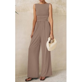 PRETTYGARDEN One Piece Jumpsuits for Women Dressy Casual Sleeveless Crewneck Wide Leg Rompers Jumpers Vacation Summer Outfits(Khaki, M)