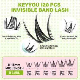 KEYYOU Fairy Lash Clusters Snow Lotus Lash Extension D Curl 120Pcs Eyelash Extension Wispy Natural Invisible Band Lash with Waterproof DIY Lash Extension at Home(Snow Lotus-D-8-18MIX)