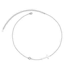 Flyow Cross Sideways Necklace 925 Sterling Silver Dainty Cross Sideways Choker Necklace Adjustable Chain Women Jewelry for Her, Wife, Girlfriend - 14"+4"