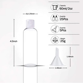 YsesoAi 25Pcs 2 oz Clear Plastic Empty Bottles Travel Containers with Flip Cap for Toiletries Liquids Shampoo Lotion Conditioner (White Cap)