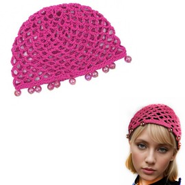 AsggBah 1pc Red Crochet Hair Mesh Cap with Pearls Knitted Hair Soft Rayon Knit Snood Hair Deco Accossry for Women Girls, Red