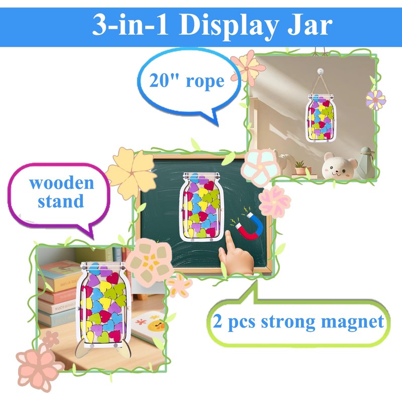Magnetic Reward Jar with 25 Heart Tokens - 3-in-1 Hanging/Refrigerator/Desktop