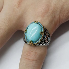 SKOOMEN Sterling Silver Men Ring, Silver Turquoise Ring with Jewelry Box, Turkish Bohe Oval Bike Ring for Women, Anniversary Birthday Christmas Man Fine Jewelry Gift Band (Size 9)