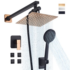 LCEVCGK Shower Head Combo Matte Black and Rose Gold, 8 Inch Rain Shower Head with Handheld 5 Spray Modes High Pressure Rainfall Shower Heads System, 15 Inch Shower Adjustable Extension Arm