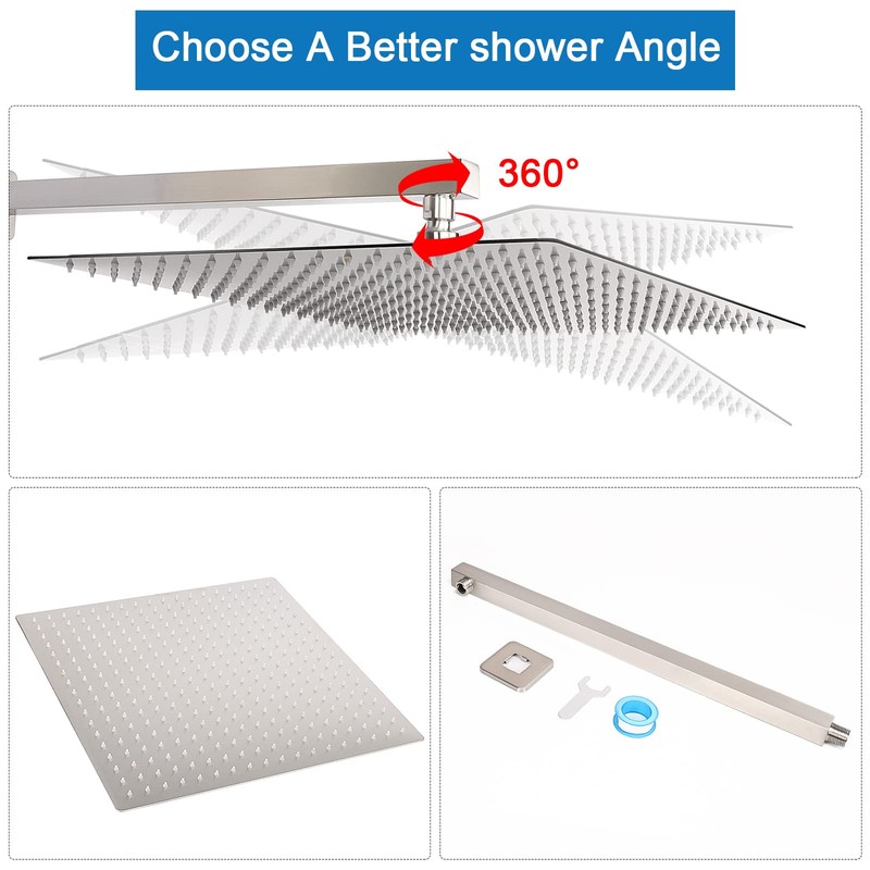 HarJue Shower Head with Extension Arm, High Pressure Square with