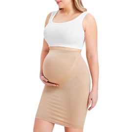 LANCS Seamless Maternity Pencil Skirt High Waisted Slip Skirt Pregnancy Shapewear Dress for Maternity Clothes (US, Alpha, Small, Regular, Regular, Beige)
