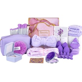 40PCS Trendy Stuff Gifts Set for Teen Girls -Makeup Brushes Set + Blending Sponges + Silk Heatless Curling Set + Jewelry Set & Skincare Headbands | Birthday Gift for Daughter, Niece, Her (Purple)