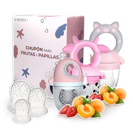 Chupones/Chupetes Ergonómicos para Frutas, Papillas y Cereales con Seguro y Tapa Protectora Libre de BPA, 3 Piezas Unisex de 4m+ (Vaquita/Dino/Pig - Rosa)