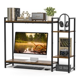 ikkle Desk Shelf, Desktop Organizer Shelf with 5 Shelves, Desk Hutch with Computer Monitor Riser, 3 Tier Desktop Display Rack, Wood Desktop Bookshelf Storage Rack for Dorm Office Home, Rustic Brown