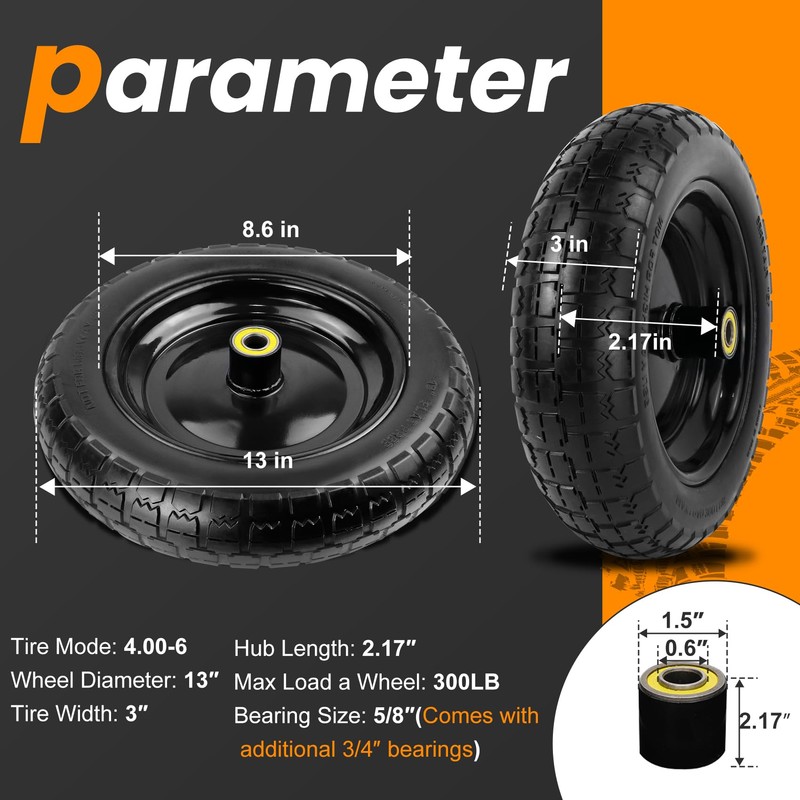 13" Flat Free Wheels Replacement for GOR Garden Cart Tires,