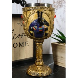 Ebros Ancient Egyptian Wine Goblet In Golden Hieroglyphic Design With Gods Of Egypt Face 6oz 7"Tall (Seth)